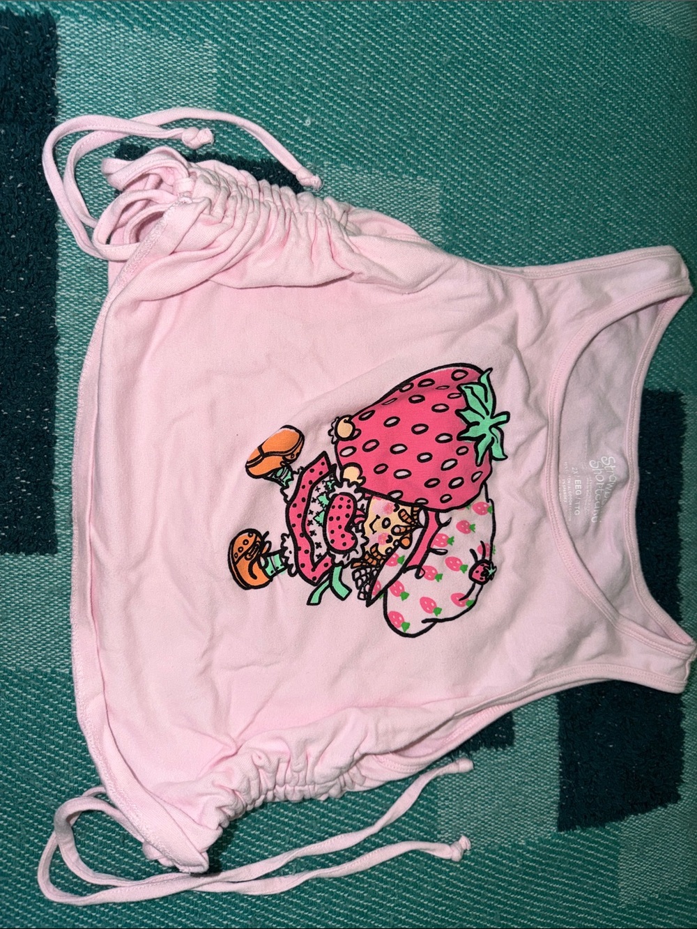 Pink Strawberry Graphic Drawstring Crop Tank Top